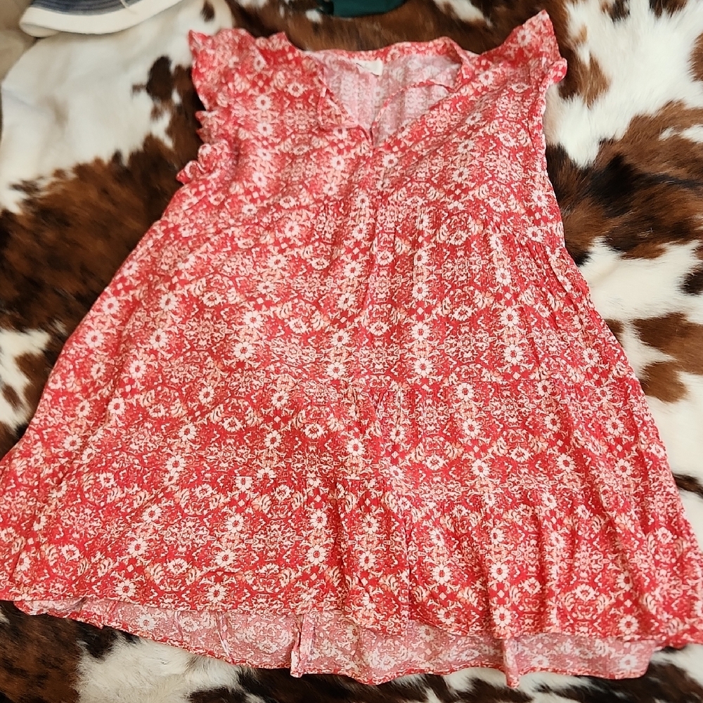 Floral Red Dress with Ruffle Sleeves